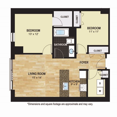 Floor plan for 2 beds, 1 bath, 942 sqft